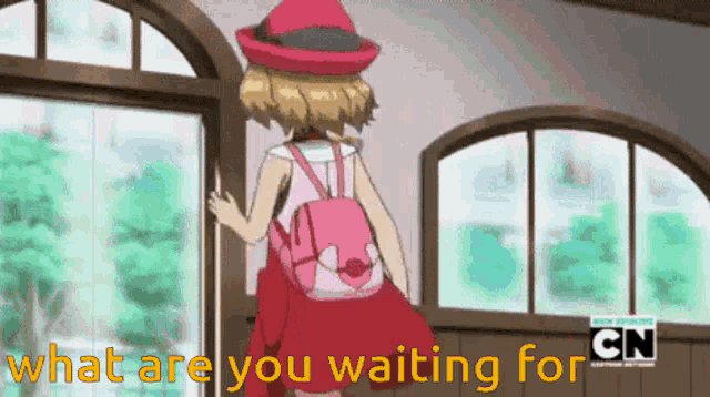 a girl with a backpack is standing in front of a window with the words " what are you waiting for "