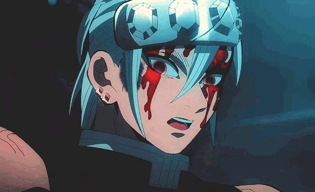 a close up of a cartoon character with blood coming out of his eyes