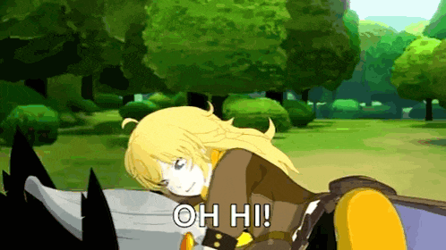 a yellow haired anime character says oh hi