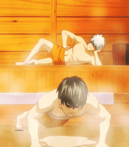 two anime characters are laying in a sauna and one is doing push-ups