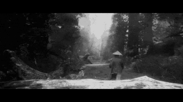 a black and white photo of a man walking through a forest .