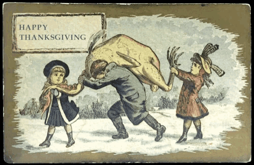 a happy thanksgiving card shows a man carrying a large pig