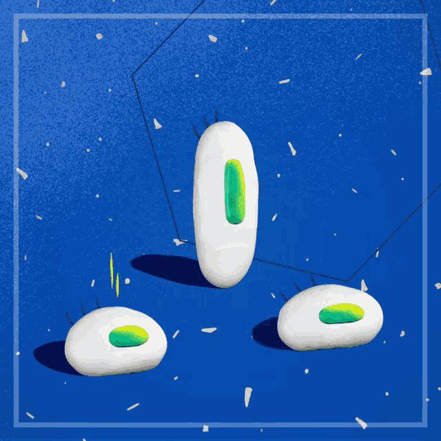 a blue background with a few white objects with green holes in them