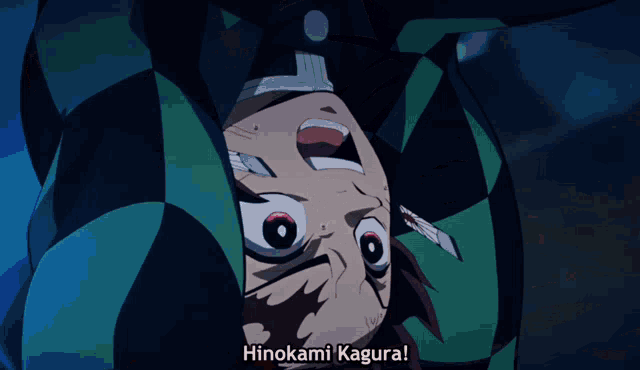 a cartoon character says hinokami kagura on the bottom of his face
