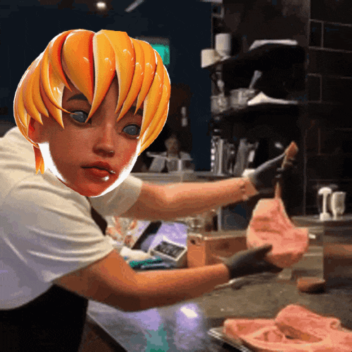 a person with a mask on their face holding a piece of meat