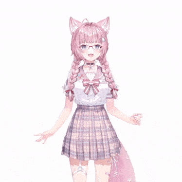 a girl with pink hair is wearing glasses and plaid skirt