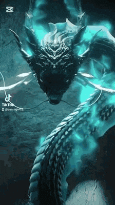 a dragon is glowing in the dark with a rope around its neck .