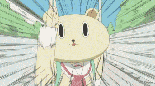 a cartoon character with a teddy bear head is walking down a sidewalk