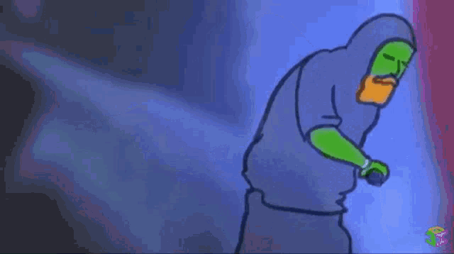 a cartoon of a man with green hair and a blue shirt is standing in a dark room .