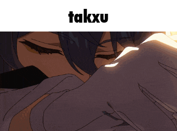 a man with blue hair is covering his face with his hands and the words takxu are above him