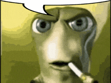 a cartoon character smoking a cigarette with a speech bubble above him