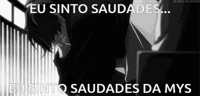 a black and white photo of a man with the words eu sinto saudades
