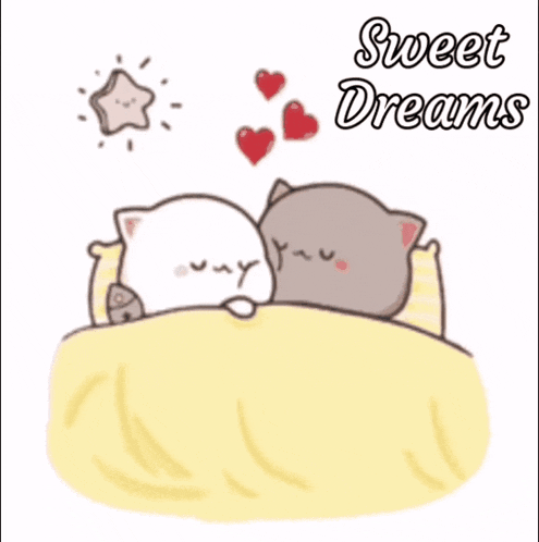 a couple of cats sleeping in a bed with the words sweet dreams written above them