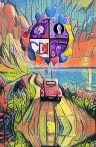 a colorful painting of a car driving down a road with a circle in the middle that says think