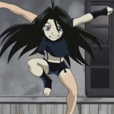 a girl with long black hair is jumping in the air with her arms outstretched