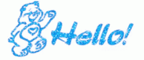 the word hello is written in blue glitter with a care bear