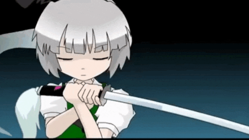 a girl with white hair is holding a sword in her hands