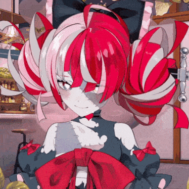 a drawing of a girl with red and white hair and a bow