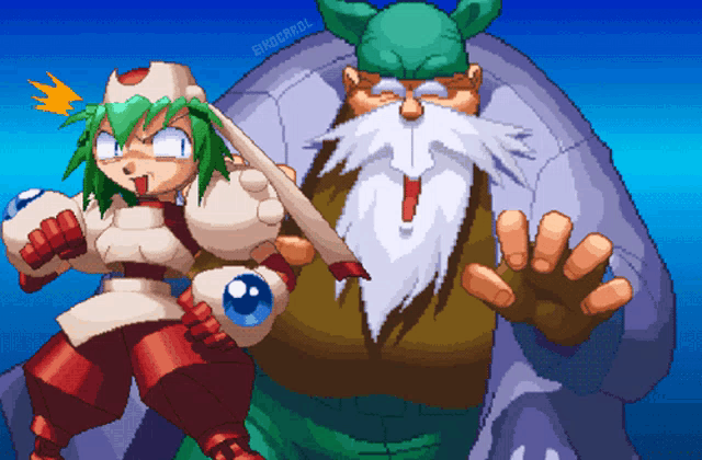 a pixel art of a man with a beard and a girl with green hair standing next to each other