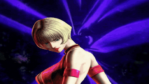 a woman in a red dress is dancing in front of a purple background