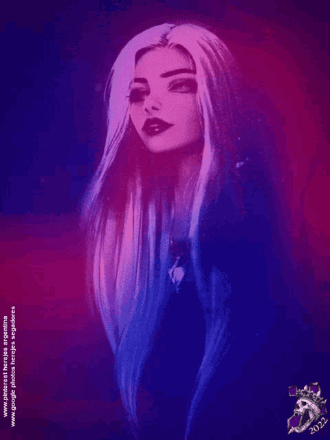 a picture of a woman with long hair and a skull on the bottom