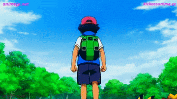 a cartoon of a boy with a green backpack walking through a forest