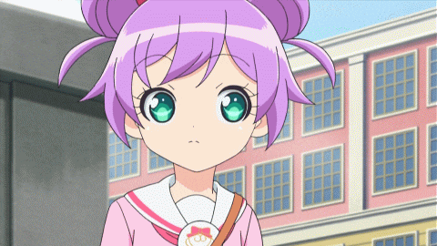 a little girl with purple hair and green eyes stands in front of a building