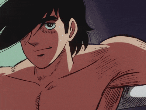 a drawing of a man without a shirt with sweat coming off his face