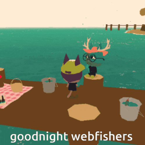 a cartoon character standing on a dock with the words " goodnight webfishers " below him