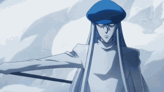 a person with long hair and a blue hat