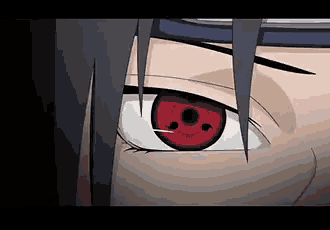 a close up of a person 's eye with a red pupil that says ' naruto ' on it
