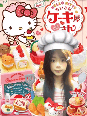 a girl wearing a chef 's hat is surrounded by hello kitty food