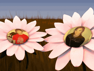 two flowers with a picture of a man in a red shirt