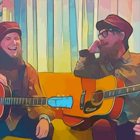 a cartoon drawing of two people playing guitars one of which has a blue headstock