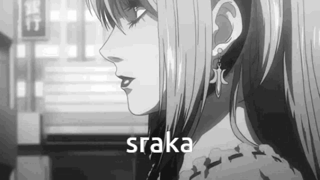 a black and white drawing of a woman with the word sraka written on the bottom .