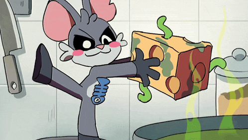 a cartoon mouse is holding a piece of cheese with the word who on his back