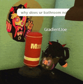 a cartoon character is standing next to a punching bag that says ' why does ur bathroom no '