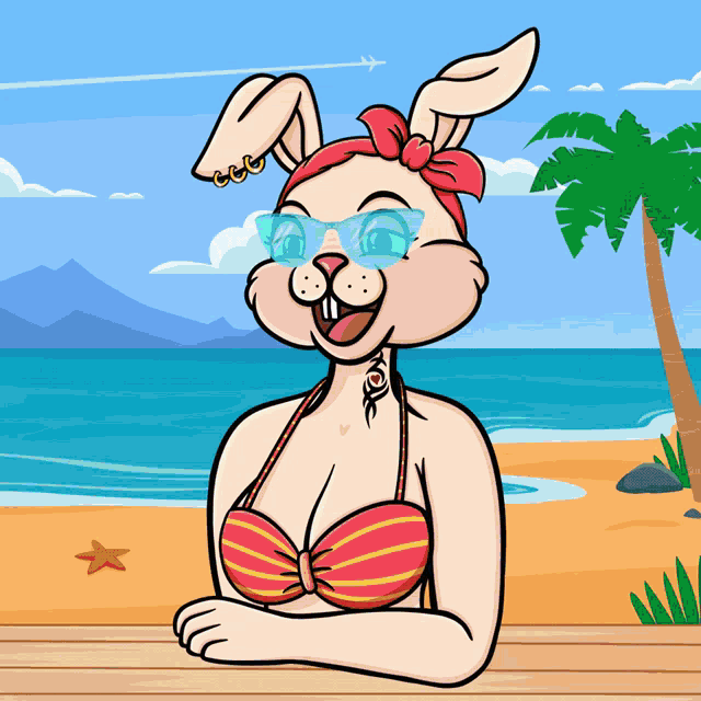 a cartoon of a bunny wearing a bikini and sunglasses on the beach