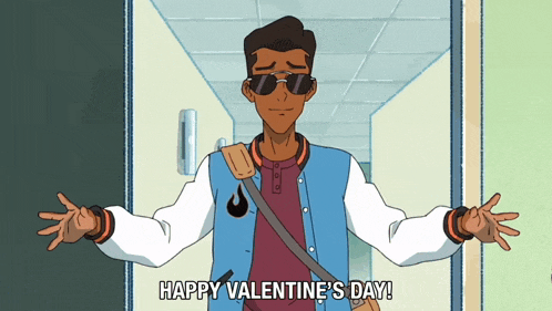 a cartoon character says " happy valentine 's day " in a hallway