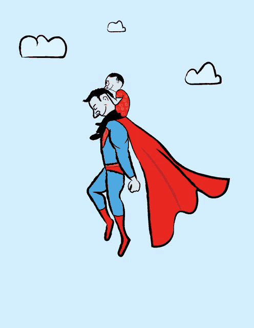 a cartoon of a man dressed as superman carrying a child on his back