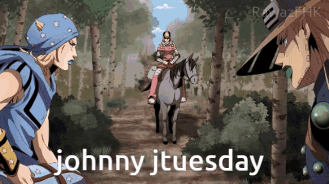 a cartoon of a man riding a horse with the words johnny tuesday on the bottom