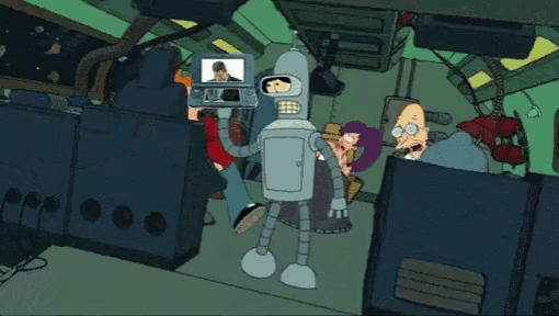 a group of cartoon characters including bender and fry are in a room