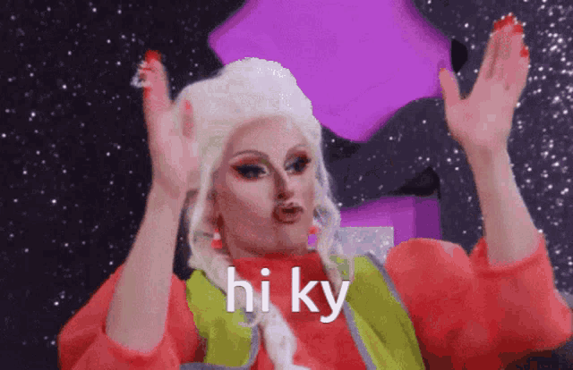 a drag queen says hi ky in a purple background