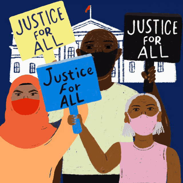 a group of people wearing masks holding signs that say justice for all