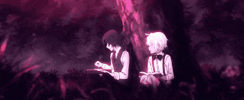 two anime characters are sitting under a tree in the grass reading books .