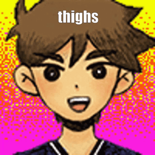a cartoon character with the word thighs on his head