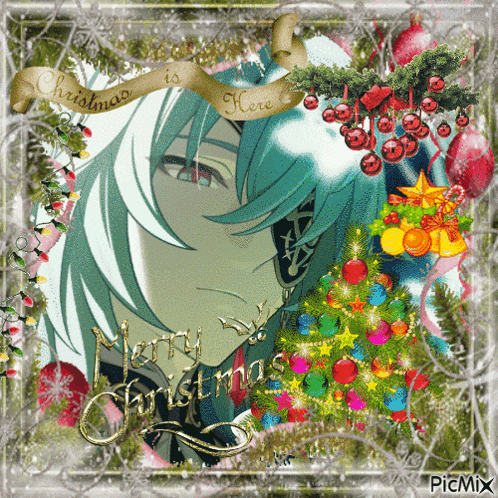 a christmas card with a man and a christmas tree and the words merry christmas