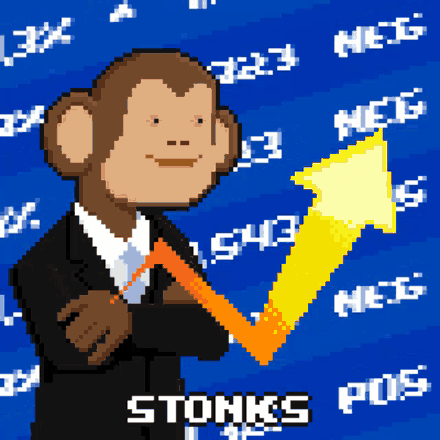 a pixel art of a monkey in a suit holding a star with the word stonks written below him