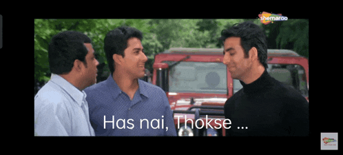 three men are standing next to each other with the words has nai thokse