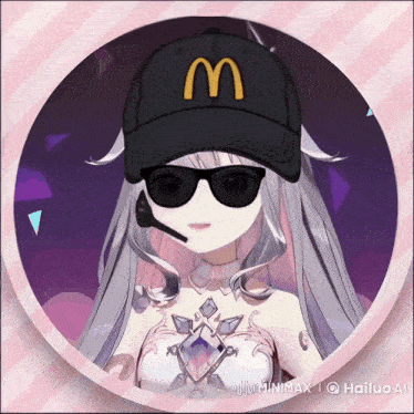 a girl wearing sunglasses and a mcdonalds hat